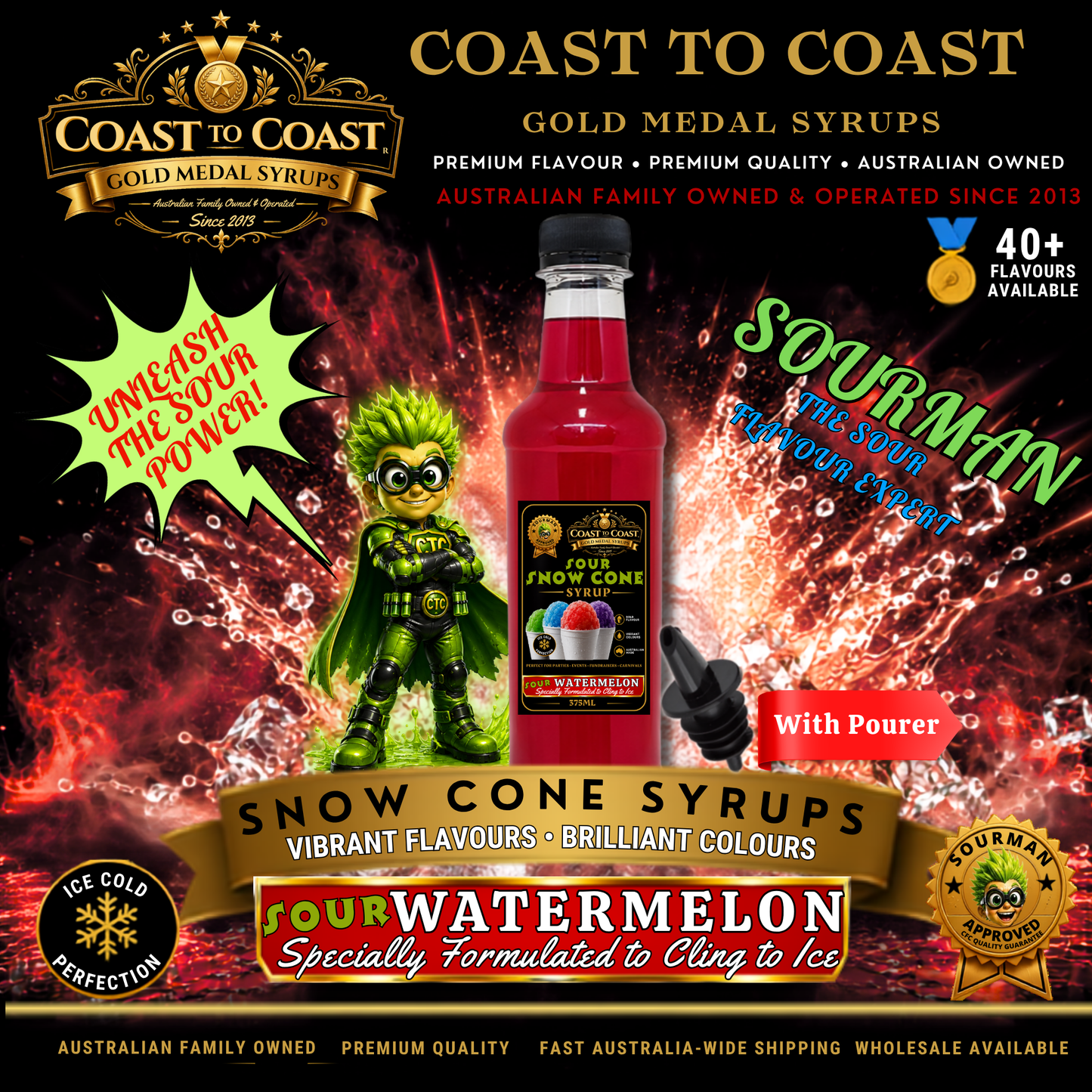 Premium Sour Watermelon Snow Cone Syrup 375ml with Pourer - Coast to Coast Gold Medal Syrups®
