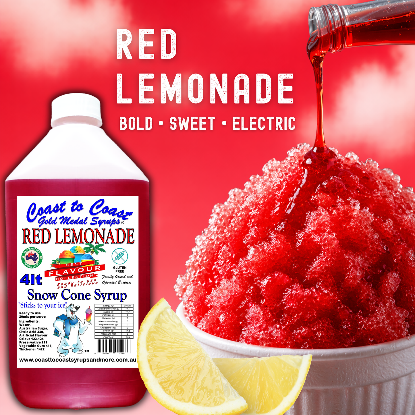 6 Red Lemonade Snow Cone Syrup, 4Ltr, Premium Ice Syrup, Coast to Coast Gold Medal Syrups®