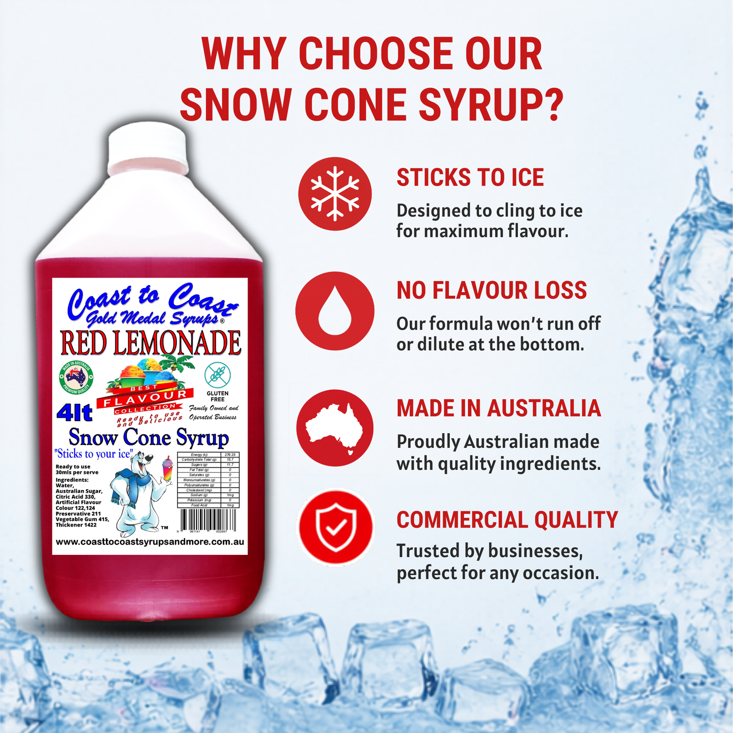 6 Red Lemonade Snow Cone Syrup, 4Ltr, Premium Ice Syrup, Coast to Coast Gold Medal Syrups®