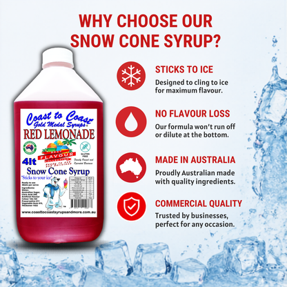 6 Red Lemonade Snow Cone Syrup, 4Ltr, Premium Ice Syrup, Coast to Coast Gold Medal Syrups®
