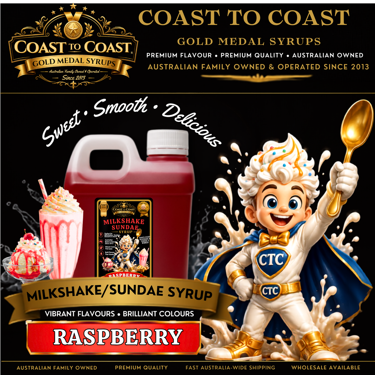 Raspberry, Milkshake/Sundae toppings 1ltr - Coast to Coast Gold Medal Syrups®