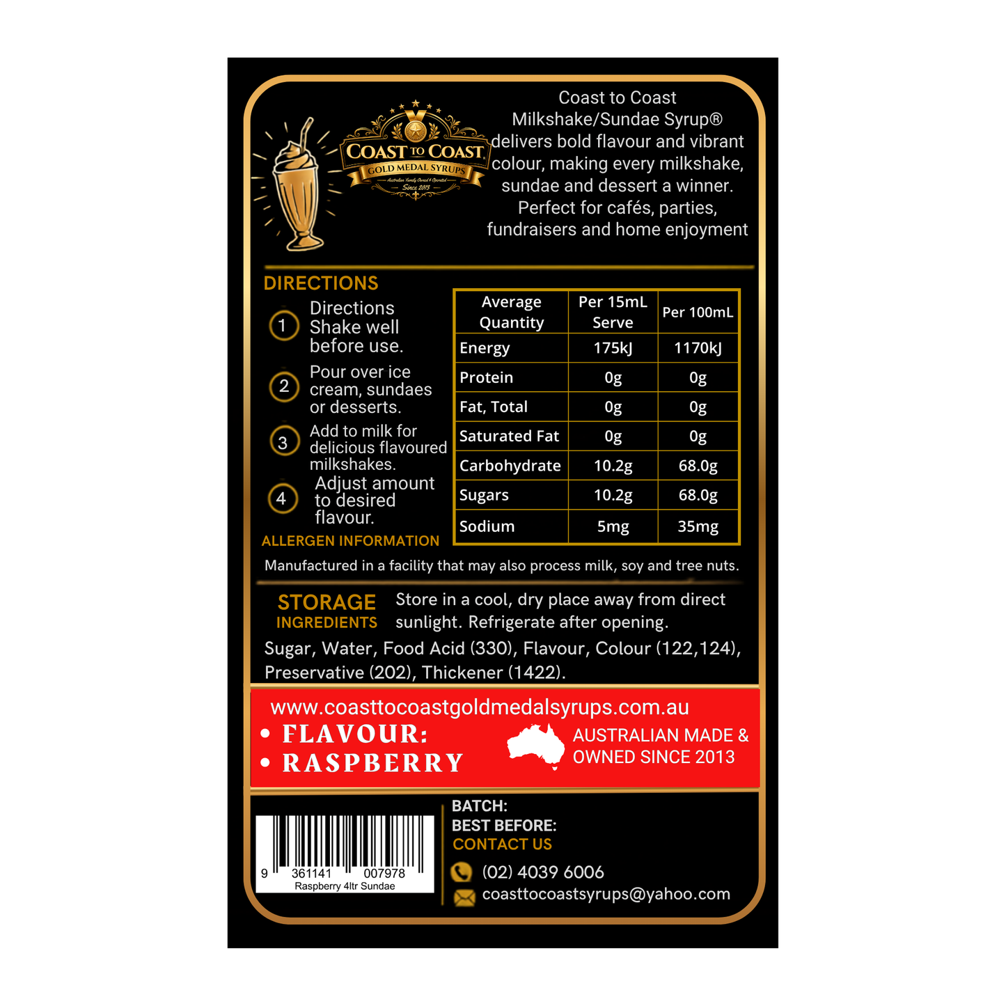 Raspberry, Milkshake-Sundae Toppings 4ltr - Coast to Coast Gold Medal Syrups®