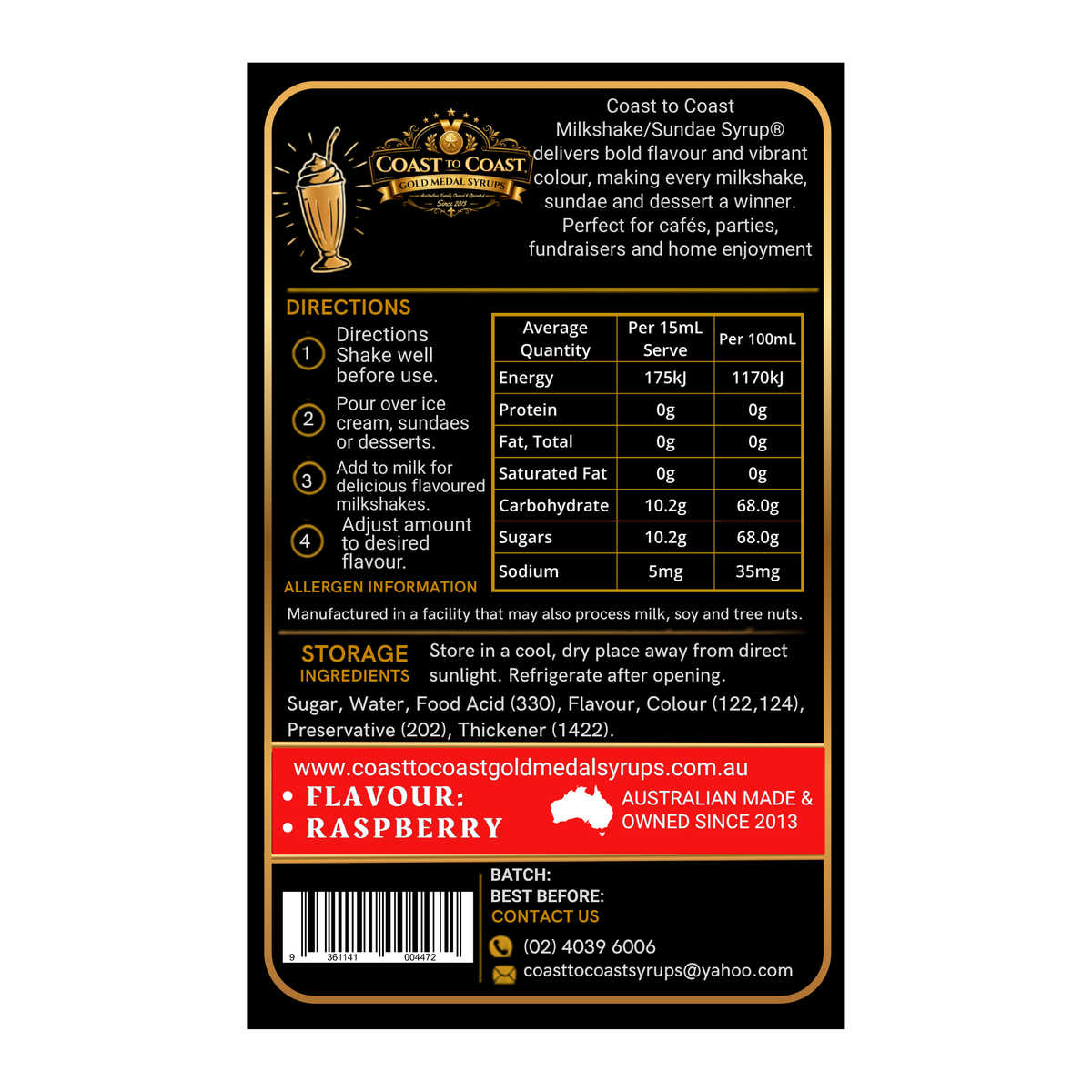 Raspberry, Milkshake/Sundae toppings 500ml - Coast to Coast Gold Medal Syrups®