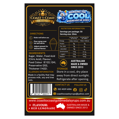 Red Lemonade Snow Cone Syrups 250ml - Coast to Coast Gold Medal Syrups®