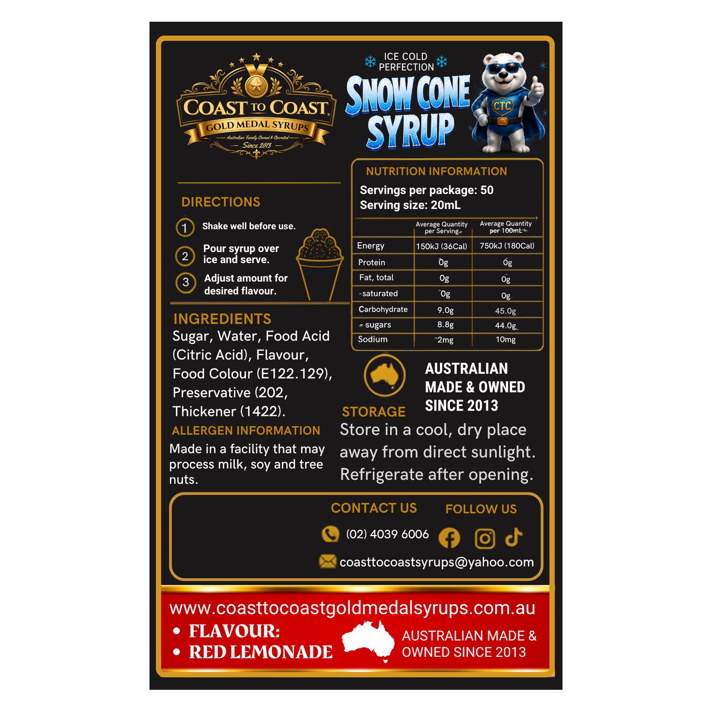 Red Lemonade Snow Cone Syrups 2ltr - Coast to Coast Gold Medal Syrups®
