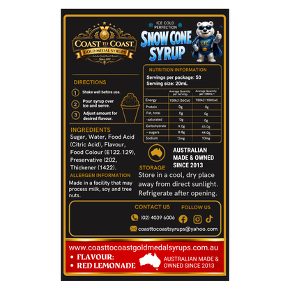 Red Lemonade Snow Cone Syrups 2ltr - Coast to Coast Gold Medal Syrups®