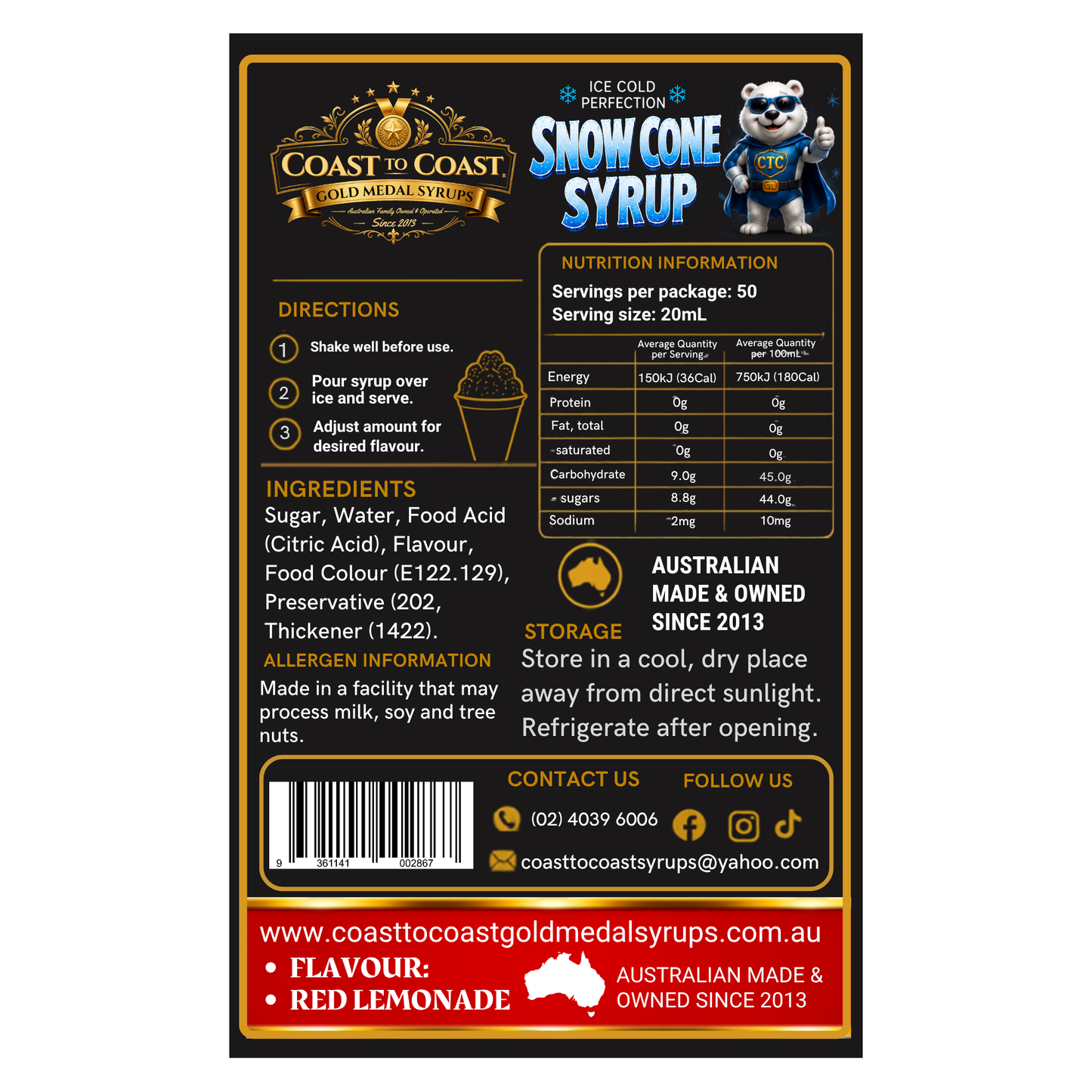 Red Raspberry Snow Cone Syrups 4ltr - Coast to Coast Gold Medal Syrups®