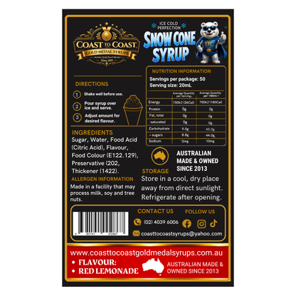 Red Raspberry Snow Cone Syrups 4ltr - Coast to Coast Gold Medal Syrups®