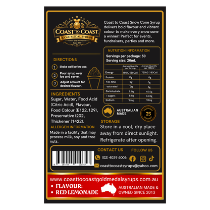 Red Lemonade Snow Cone Syrups 750ml - Coast to Coast Gold Medal Syrups®