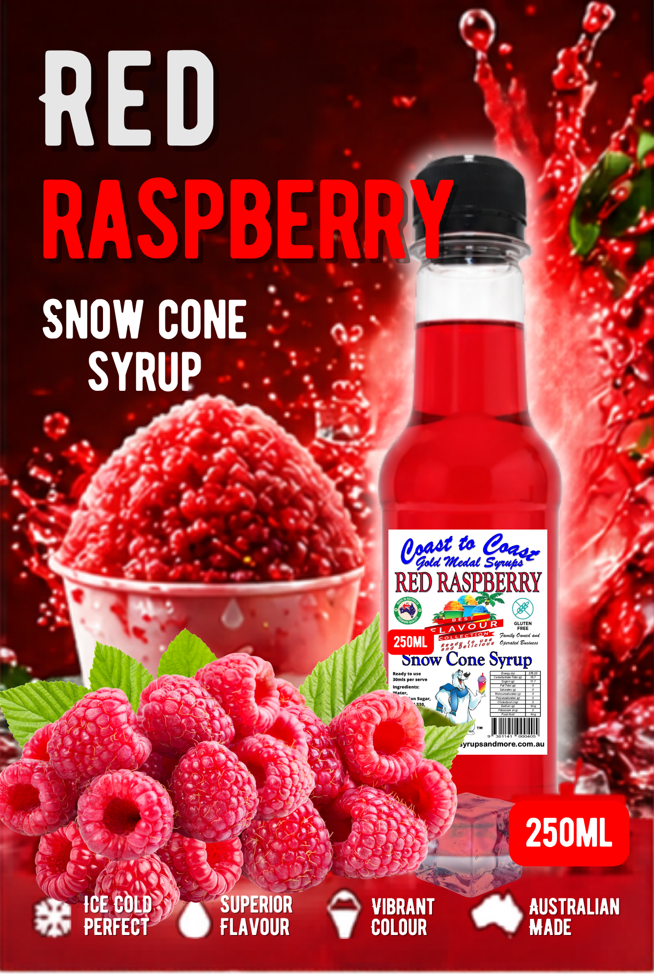 1.Red Raspberry Snow Cone Syrup 250ml – Premium Ice Syrup | Coast to Coast Gold Medal Syrups®