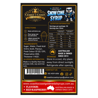 Red Raspberry Snow Cone Syrups 2ltr - Coast to Coast Gold Medal Syrups®
