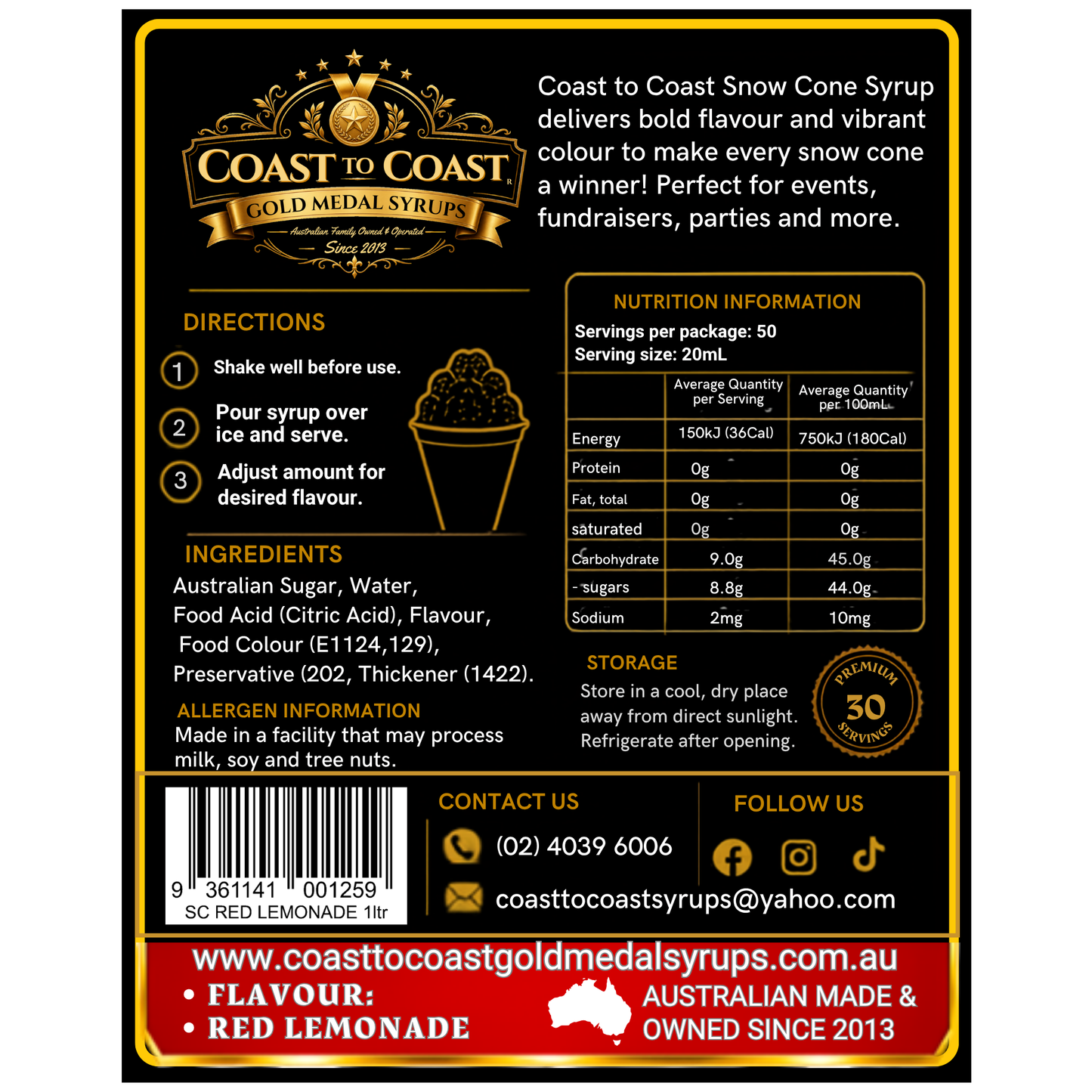 Red Lemonade Snow Cone Syrups 1ltr - Coast to Coast Gold Medal Syrups®