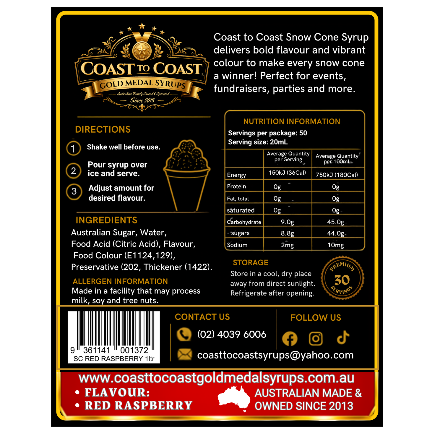 Red Raspberry Snow Cone Syrups 1ltr - Coast to Coast Gold Medal Syrups®