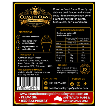 Red Raspberry Snow Cone Syrups 1ltr - Coast to Coast Gold Medal Syrups®