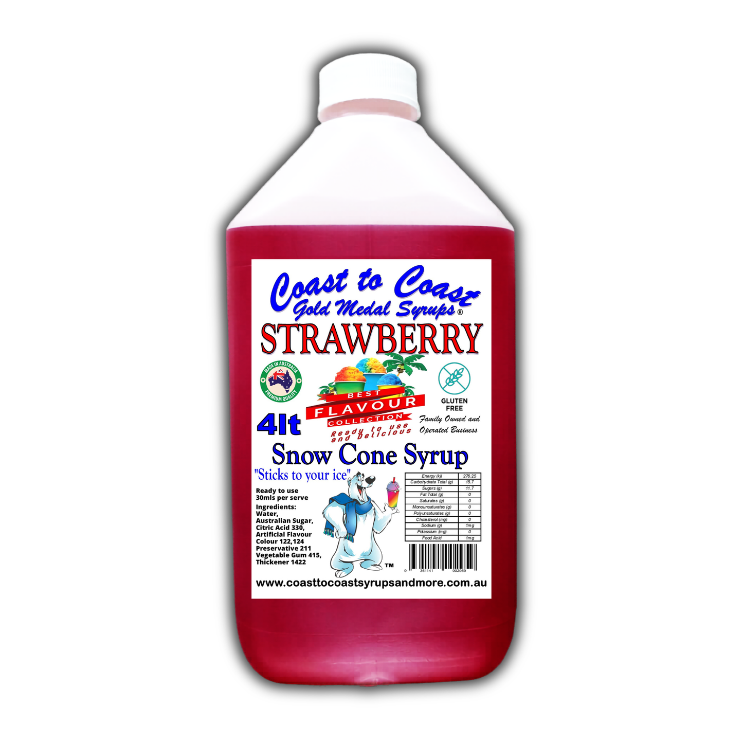 6 Strawberry Snow Cone Syrup, 4Ltr, Premium Ice Syrup, Coast to Coast Gold Medal Syrups®