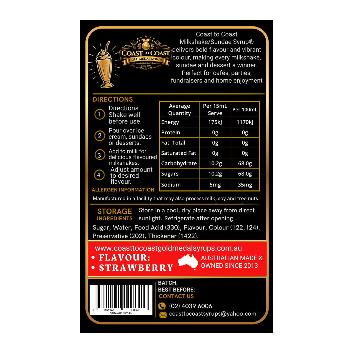 Strawberry, Milkshake-Sundae Toppings 4ltr with pump - Coast to Coast Gold Medal Syrups®
