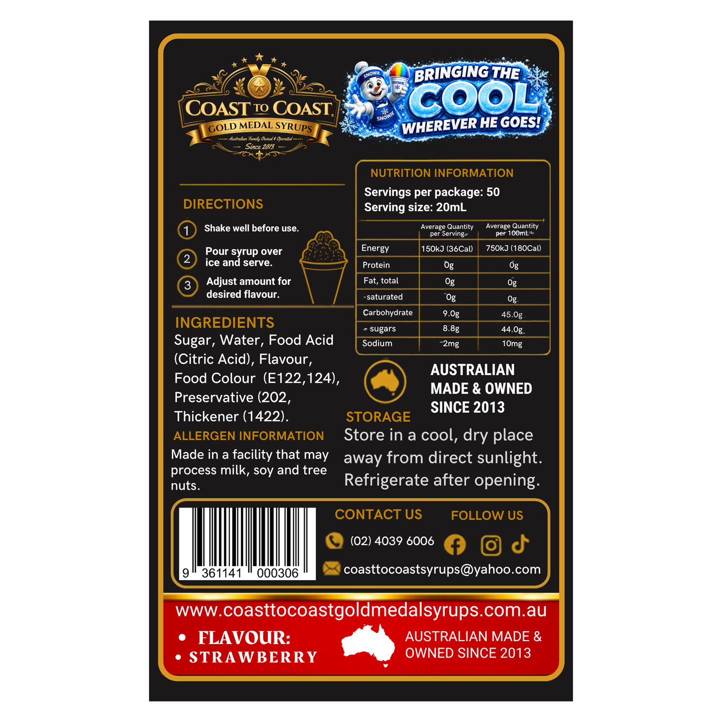 Strawberry Snow Cone Syrups 250ml - Coast to Coast Gold Medal Syrups®