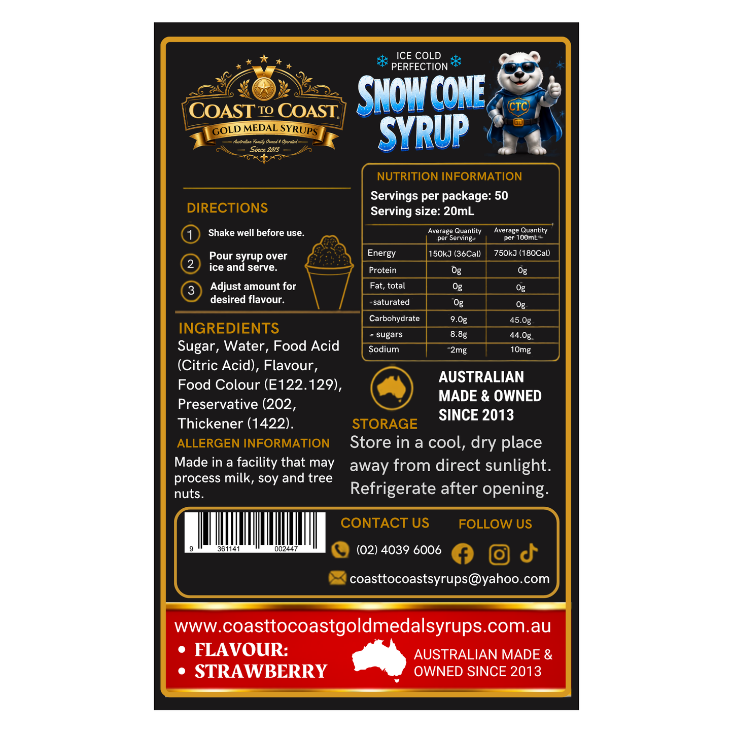 Strawberry Snow Cone Syrups 2ltr - Coast to Coast Gold Medal Syrups®