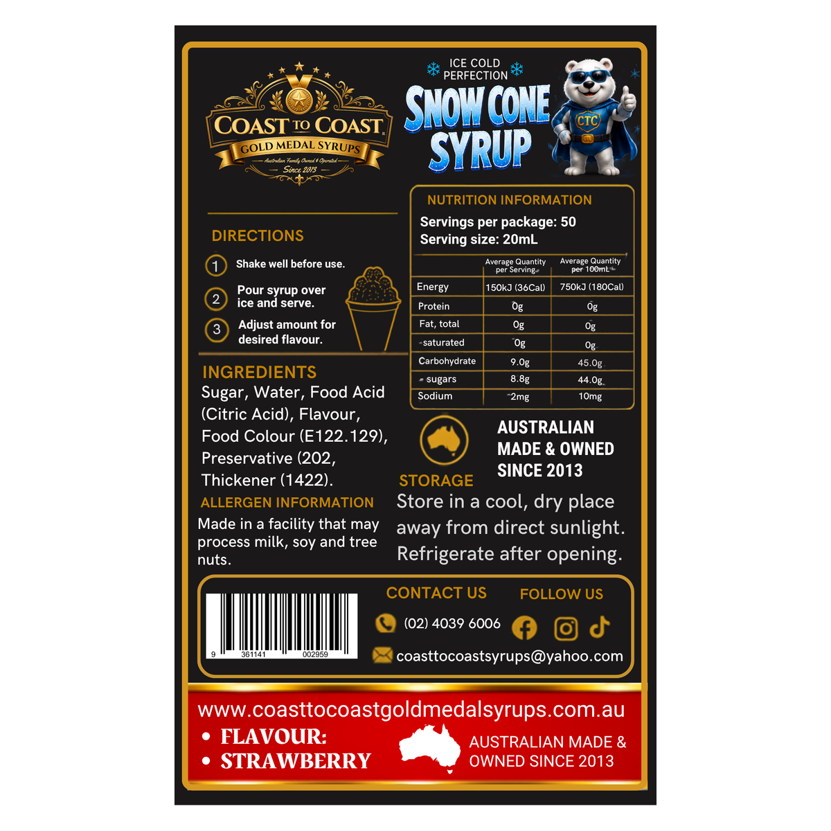 Strawberry Snow Cone Syrups 4ltr - Coast to Coast Gold Medal Syrups®