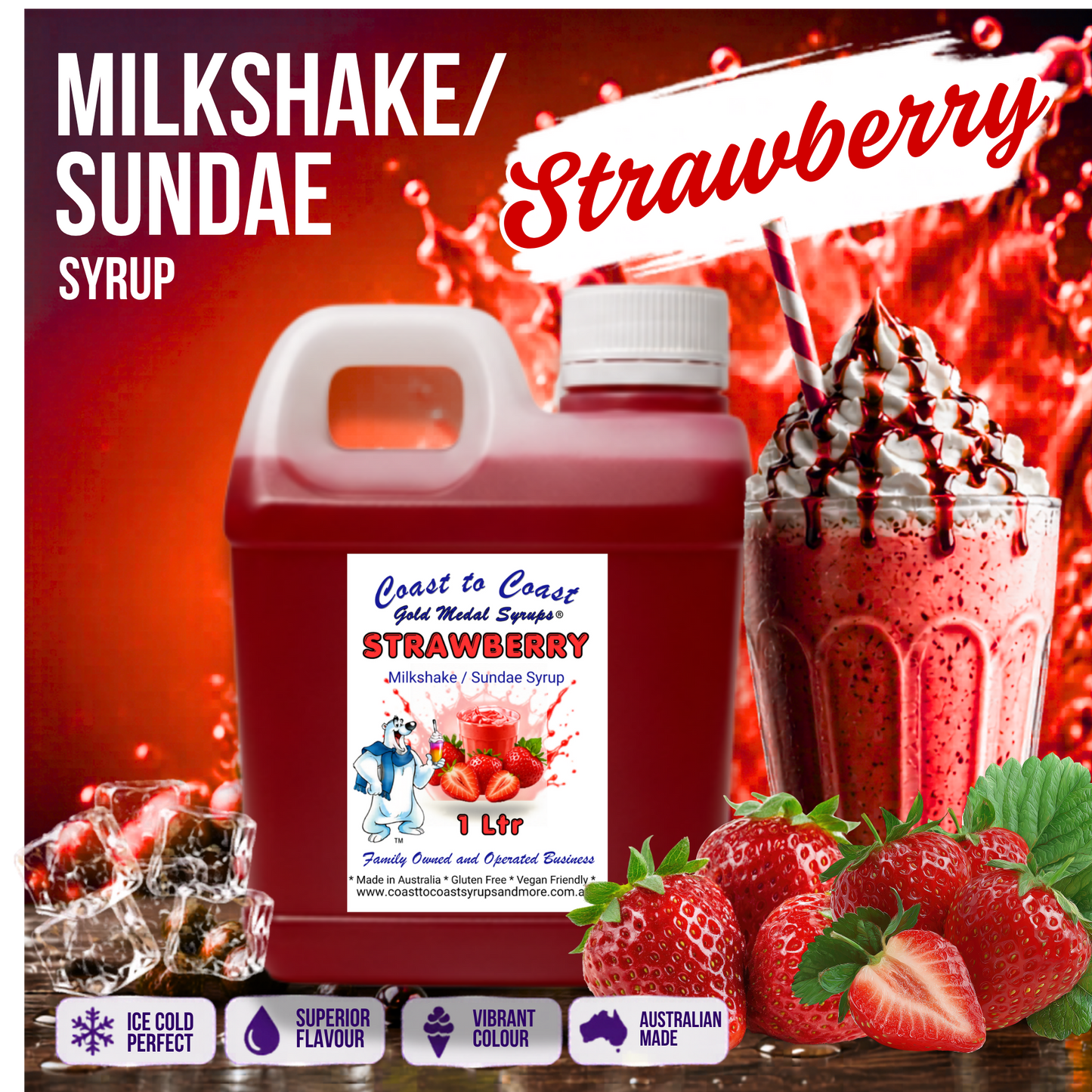 #2 Strawberry, Milkshake/Sundae toppings 1ltr, Coast to Coast Gold Medal Syrups®