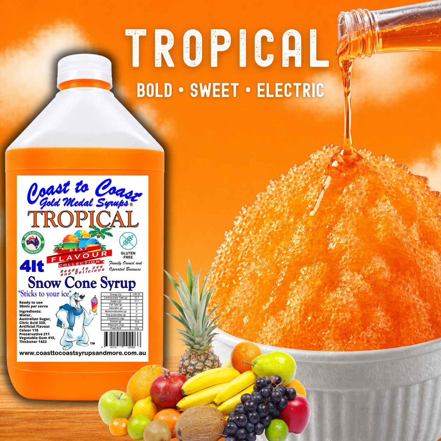 6 Tropical Snow Cone Syrup, 4Ltr, Premium Ice Syrup, Coast to Coast Gold Medal Syrups®