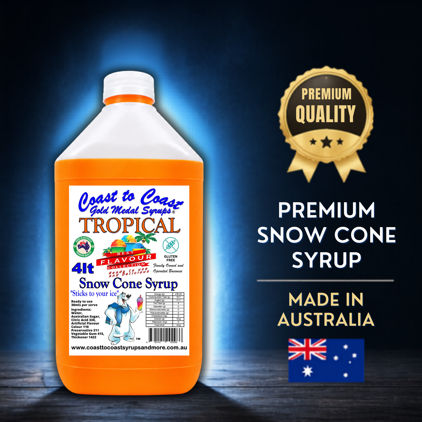 6 Tropical Snow Cone Syrup, 4Ltr, Premium Ice Syrup, Coast to Coast Gold Medal Syrups®