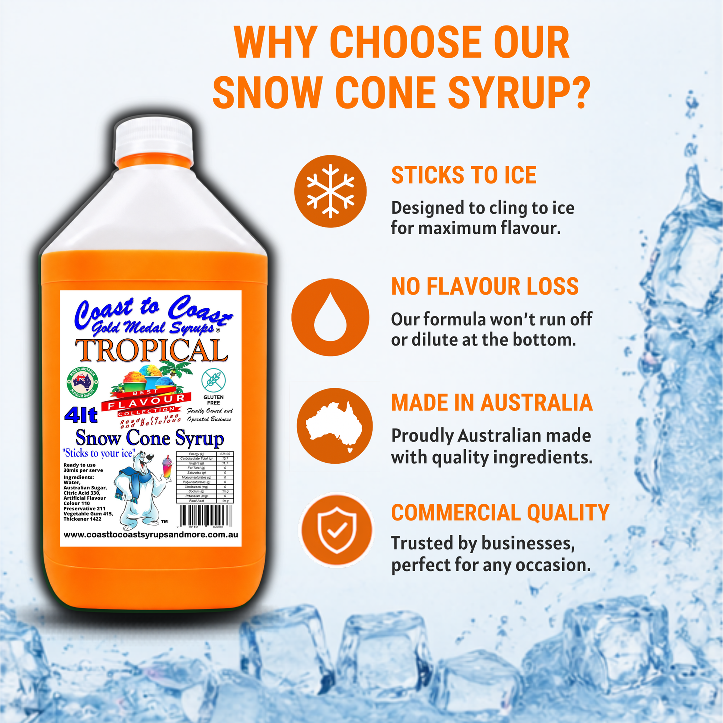 6 Tropical Snow Cone Syrup, 4Ltr, Premium Ice Syrup, Coast to Coast Gold Medal Syrups®