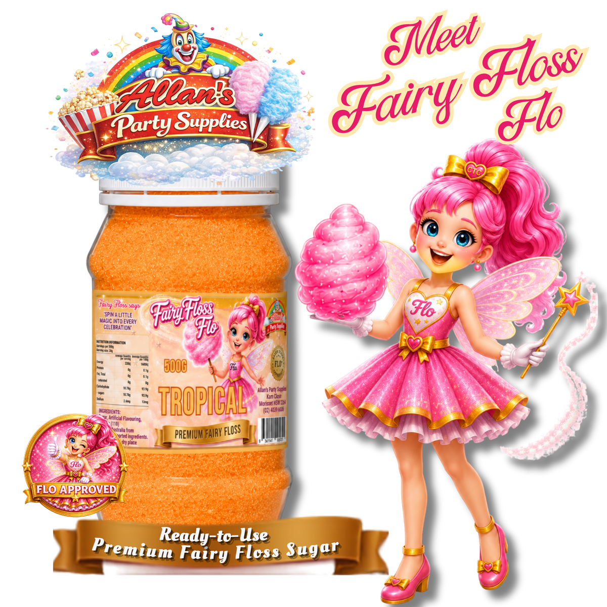 Tropical Fairy Floss Sugar – 500g Jar - Allan's Party Supplies