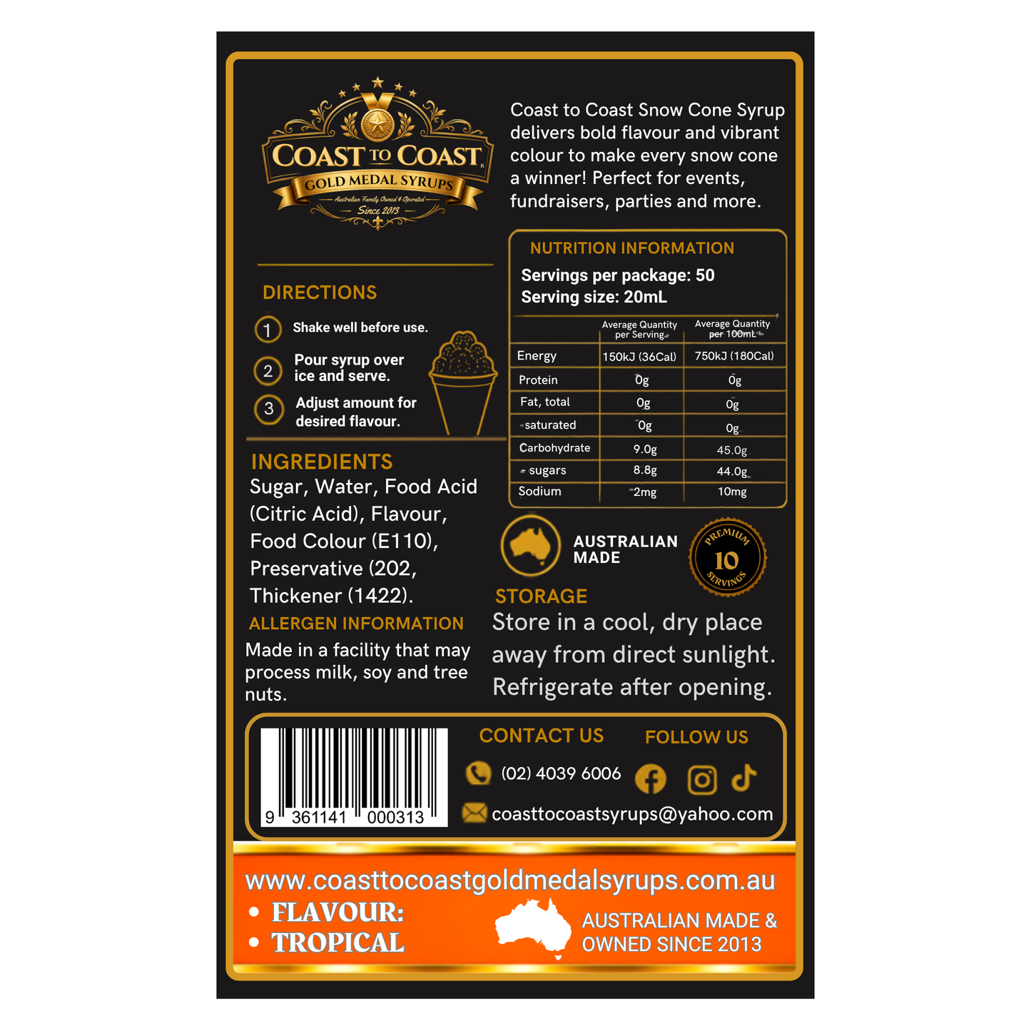 Tropical Snow Cone Syrups 250ml - Coast to Coast Gold Medal Syrups®