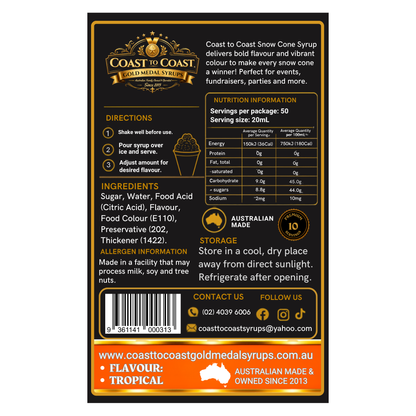 Tropical Snow Cone Syrups 250ml - Coast to Coast Gold Medal Syrups®
