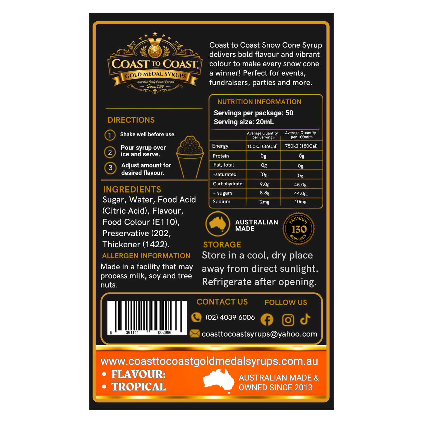Tropical Snow Cone Syrups 4ltr - Coast to Coast Gold Medal Syrups®