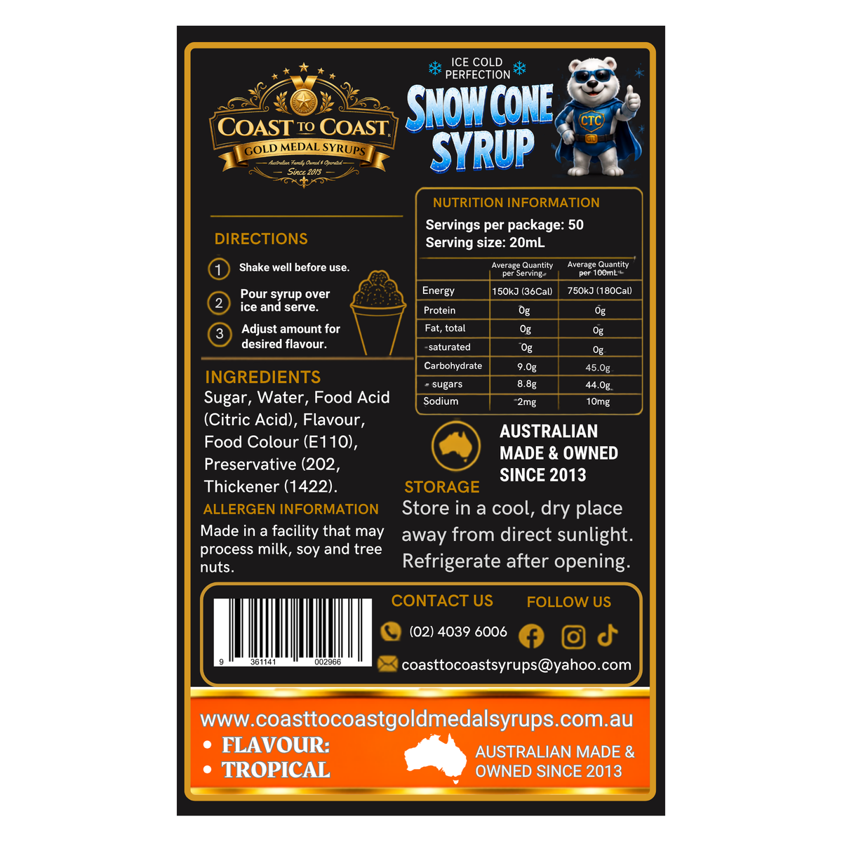 Tropical Snow Cone Syrups 4ltr - Coast to Coast Gold Medal Syrups®