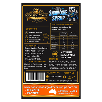 Tropical Snow Cone Syrups 4ltr - Coast to Coast Gold Medal Syrups®