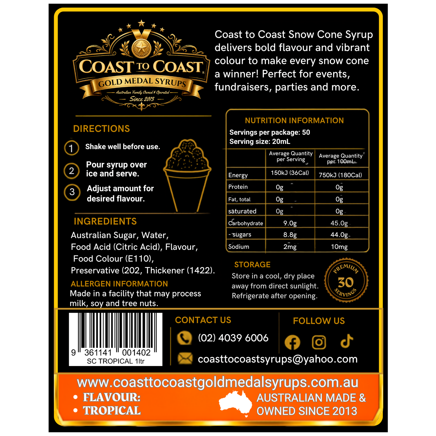 Tropical Snow Cone Syrups 1ltr - Coast to Coast Gold Medal Syrups®
