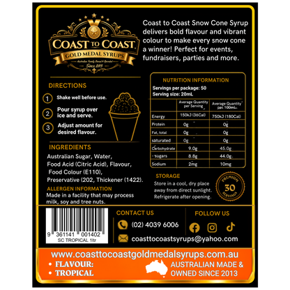 Tropical Snow Cone Syrups 1ltr - Coast to Coast Gold Medal Syrups®