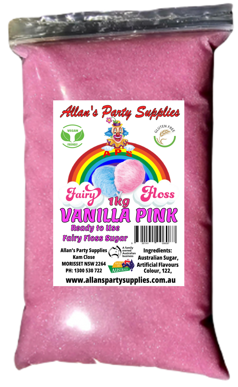 #3 APS, Premium Fairy Floss Sugar, 50 Serves RTU 1kg, Over 35 Plus Flavours