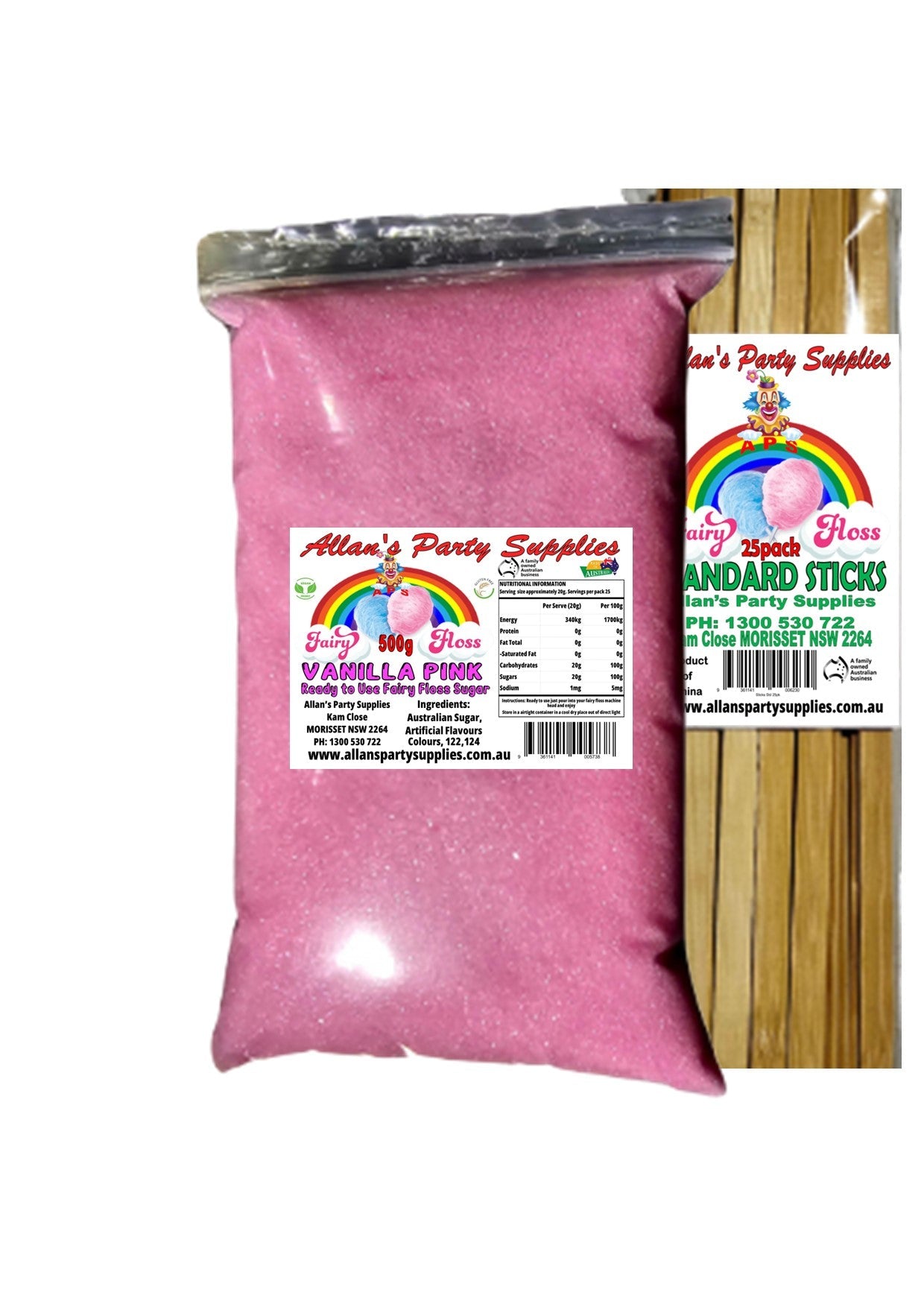 #2 APS, Fairy Floss 500g Sugar & 25 Sticks Serve Kit, With Over 35 flavours