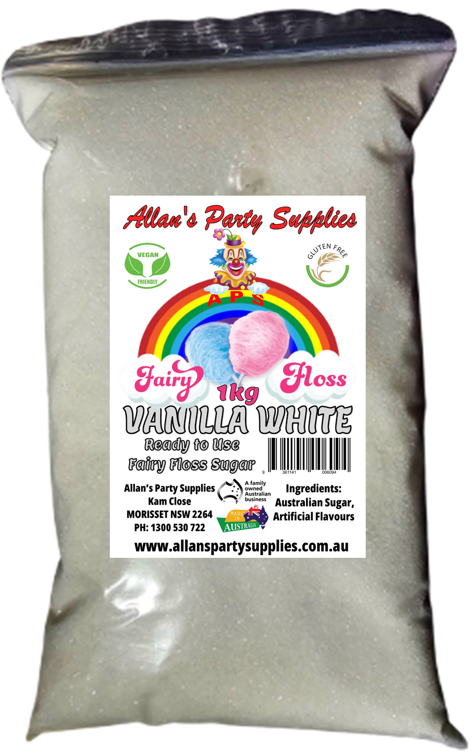 #3 APS, Premium Fairy Floss Sugar, 50 Serves RTU 1kg, Over 35 Plus Flavours