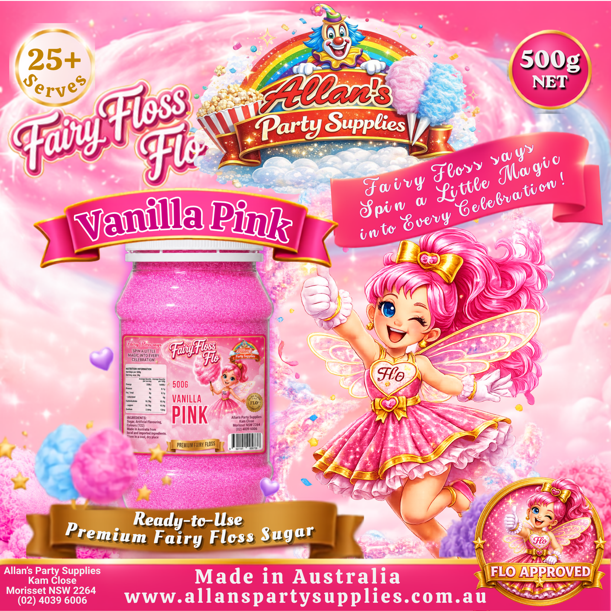 Vanilla Pink Fairy Floss Sugar – 500g Jar - Allan's Party Supplies