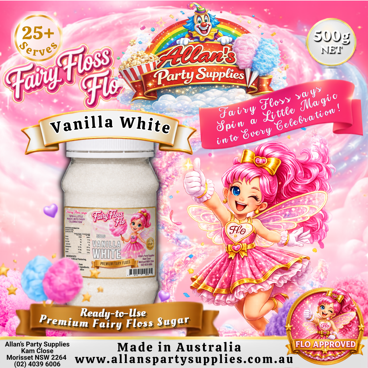 Vanilla White Fairy Floss Sugar – 500g Jar - Allan's Party Supplies
