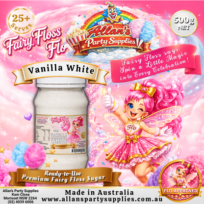 Vanilla White Fairy Floss Sugar – 500g Jar - Allan's Party Supplies