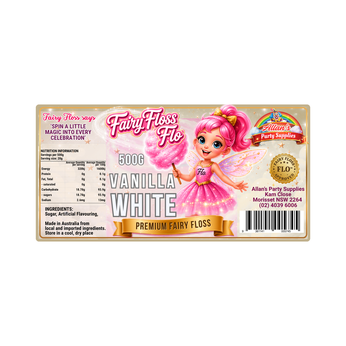 Vanilla White Fairy Floss Sugar – 500g Jar - Allan's Party Supplies