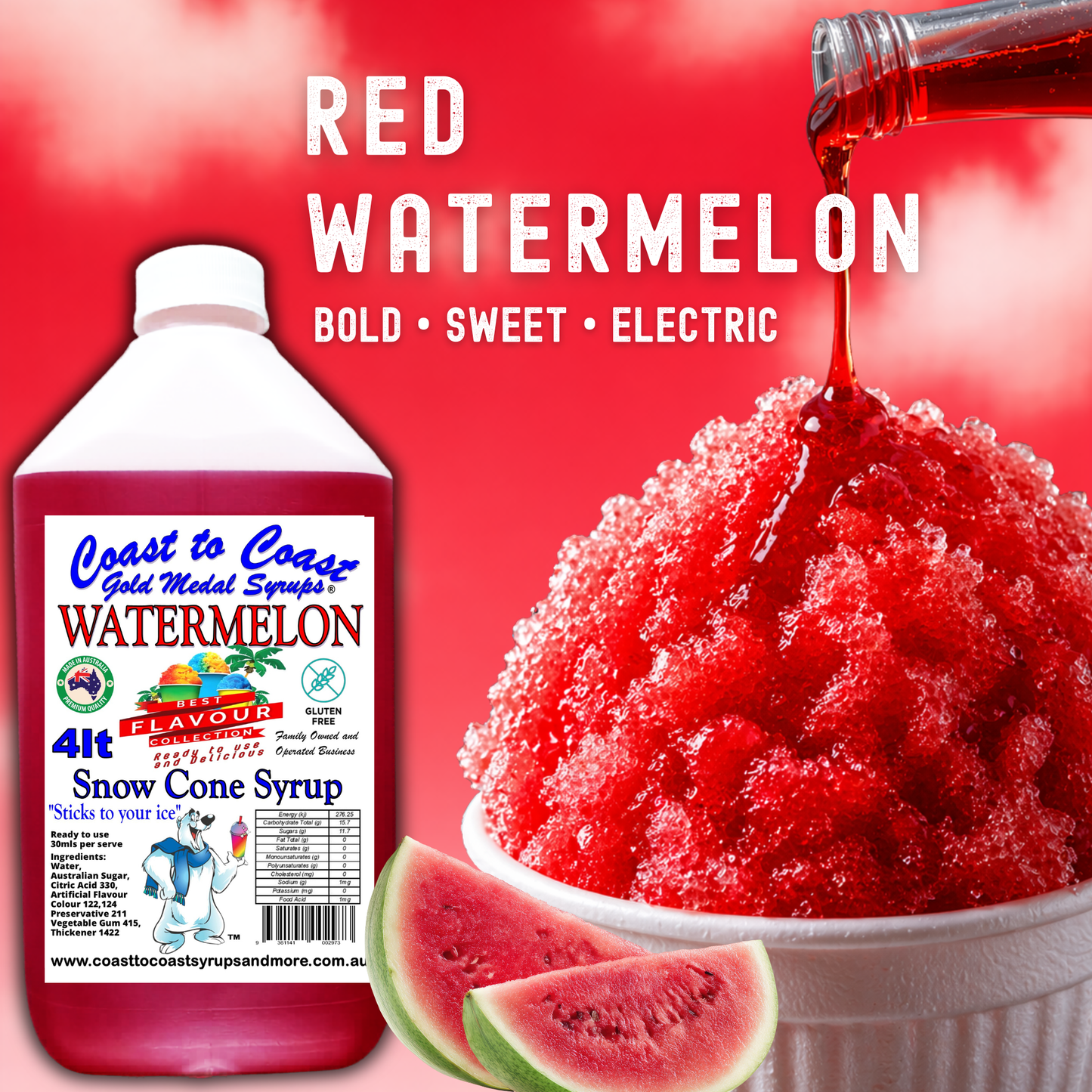 6 Watermelon Snow Cone Syrup, 4Ltr, Premium Ice Syrup, Coast to Coast Gold Medal Syrups®