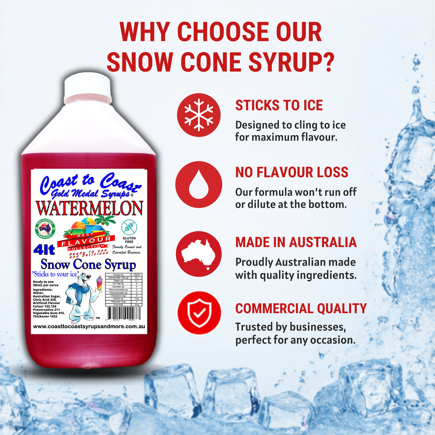6 Watermelon Snow Cone Syrup, 4Ltr, Premium Ice Syrup, Coast to Coast Gold Medal Syrups®