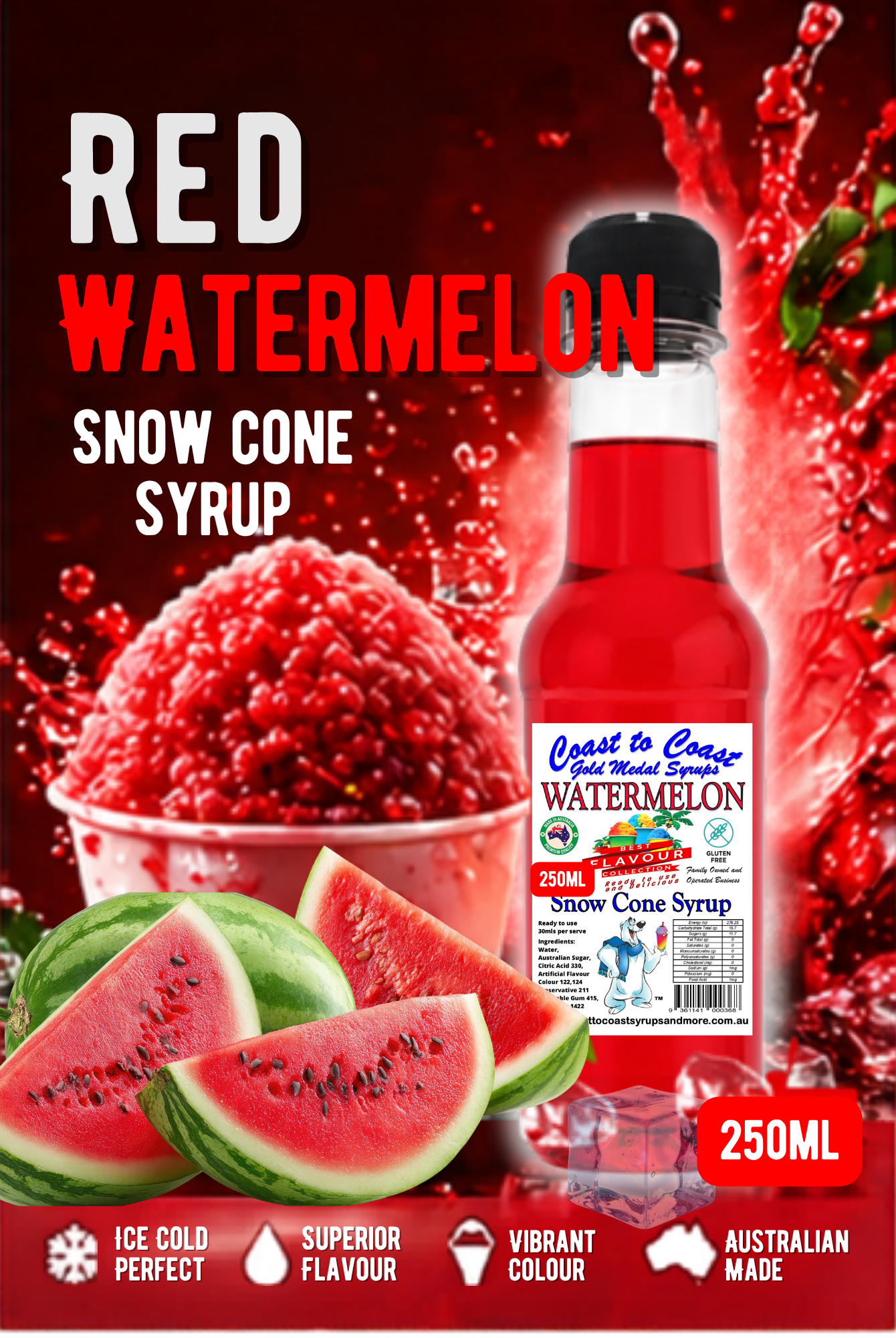 1.Watermelon Snow Cone Syrup 250ml – Premium Ice Syrup | Coast to Coast Gold Medal Syrups®