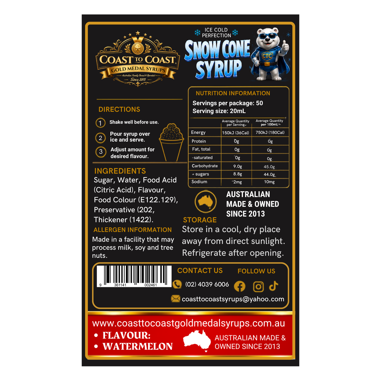 Watermelon Snow Cone Syrups 2ltr - Coast to Coast Gold Medal Syrups®