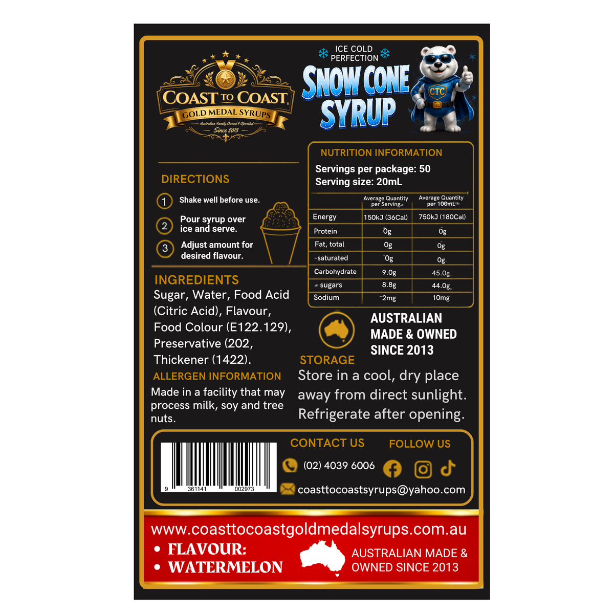 Watermelon Snow Cone Syrups 4ltr - Coast to Coast Gold Medal Syrups®