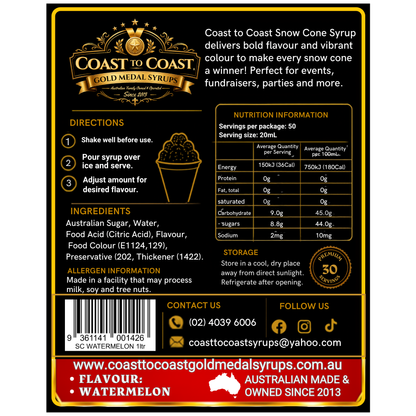 Watermelon Snow Cone Syrups 1ltr - Coast to Coast Gold Medal Syrups®