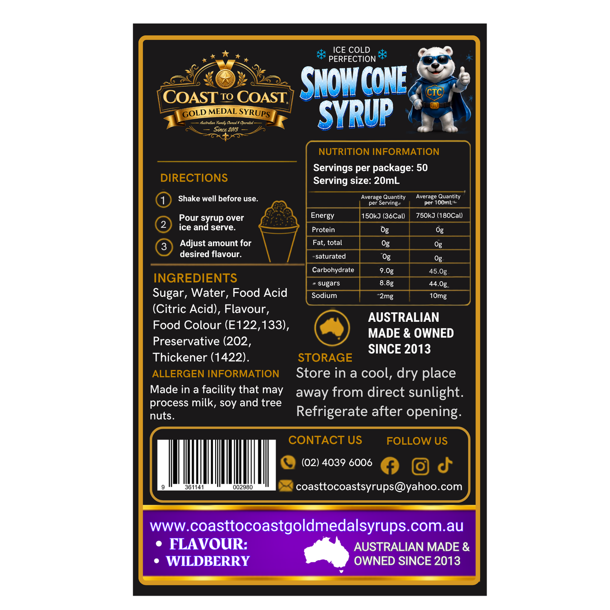 Wildberry Snow Cone Syrups 4ltr - Coast to Coast Gold Medal Syrups®