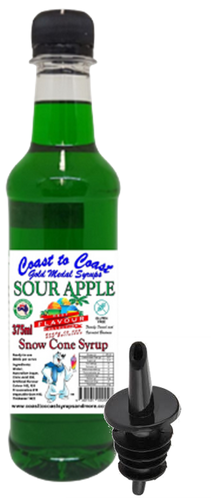 #2 New Sour Range, Coast to Coast Gold Medal Syrups®, 4x375ml Snow Cone Syrups with Bottle Pourers